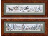 two framed pictures of a horse drawn carriage and a carriage drawn carriage