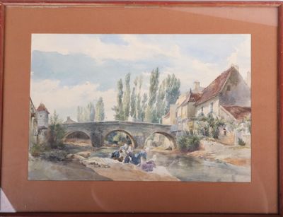 tableau représentant un pont enjambant une rivière, avec des personnes assises sur la rive