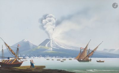 un tableau représentant des bateaux sur l'eau, avec un volcan en arrière-plan