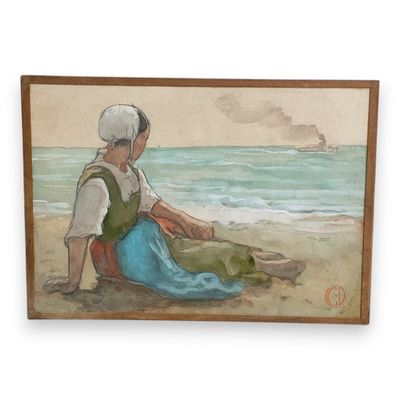 a painting of a woman sitting on the beach by the water