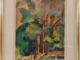 an image of a painting of trees in a gold frame on a wall