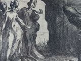 a black and white drawing of a group of people in a cave