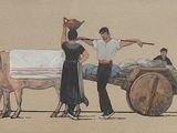 a drawing of a man on a cart being pulled by a horse
