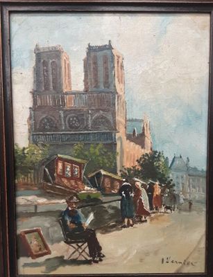 une peinture à l'huile représentant une scène de rue avec une église à l'arrière-plan