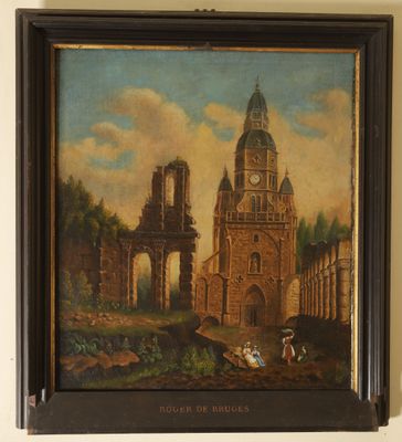 a painting on the wall of a building with a clock on it