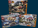 three lego jurassics are shown in a box on a blue background