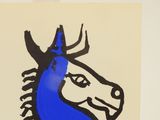 painting of a blue horse with horns on a white background