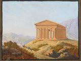 an oil painting of a temple on a hill with a mountain in the background