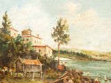 a painting of a house on the shore of a lake