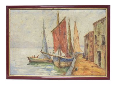 École du XXe siècle. Voiliers amarrés. - Photo 1