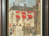 an image of a painting of a building with a red roof