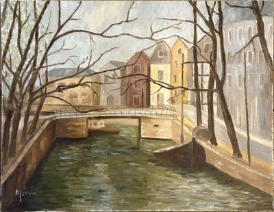 a painting of a bridge over a river in a city