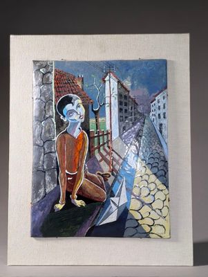 une photo d'un tableau représentant une femme assise sur un rebord