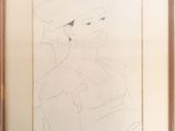 a drawing of a woman in a hat is hanging on a wall