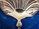 a silver spoon that is on a blue cloth
