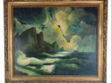 an oil painting of a boat in the ocean with a bird flying over it