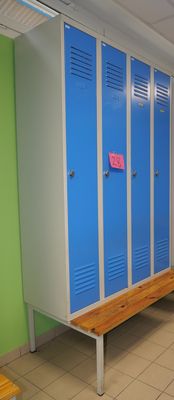 a row of blue lockers in a room with green walls