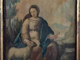 an old painting of a woman with a lamb in a landscape