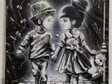 a painting of two children walking down the street