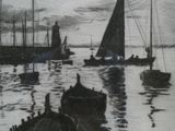 un dessin en noir et blanc représentant des bateaux sur l'eau