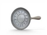 a frying pan with a wooden handle on a white surface