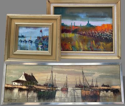 three framed paintings of boats in a harbor with a lighthouse in the background