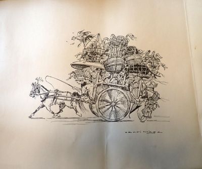 un dessin représentant une calèche tirée par un cheval, avec des personnes à bord