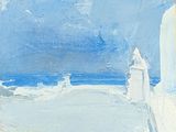 a painting of a lighthouse on the beach by the water