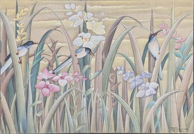 tableau représentant des oiseaux et des fleurs dans un champ d'herbes hautes