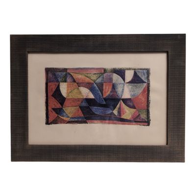 a framed painting of abstract shapes on a white background