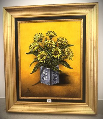 painting of yellow flowers in a blue vase on a yellow background