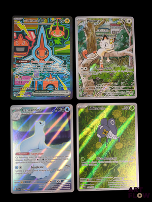 three pokemon cards are sitting on a table with a black background