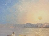a painting of a man in a boat on the water