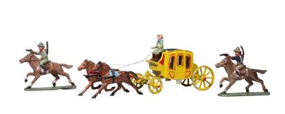 four figurines of people riding on horses and a horse drawn carriage