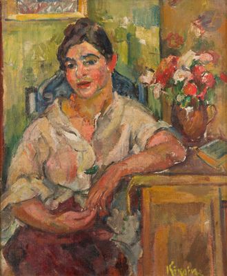an oil painting of a woman sitting at a table with flowers in a vase