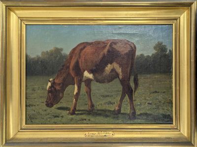 un tableau représentant une vache en train de brouter dans un champ