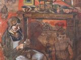 tableau représentant un homme assis sur une chaise devant un métier à filer
