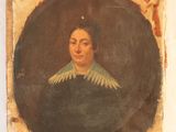 an old painting of a woman in a black dress with a green collar