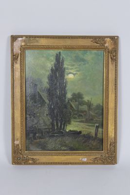 an oil painting of a landscape with a house and trees