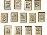 a group of nine framed drawings of people and animals on a wall