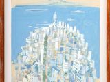 painting of a view of a city with a mountain in the background
