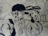 a drawing of a man and a woman walking in the park
