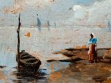 a painting of a woman standing on a beach next to a boat
