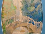 une image d'une peinture représentant un pont sur une rivière