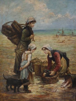 tableau représentant une femme et deux enfants, accompagnés d'un chien et d'un chat