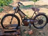 un vélo posé sur une palette dans l'herbe