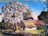 a painting of a house and a tree by the water