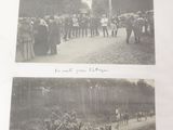 several black and white photos of people riding horses on a dirt road