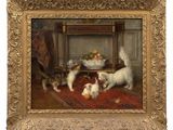 an image of a painting of a group of cats playing with a bowl of fruit