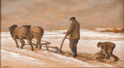 une peinture représentant un homme labourant un champ avec deux chevaux